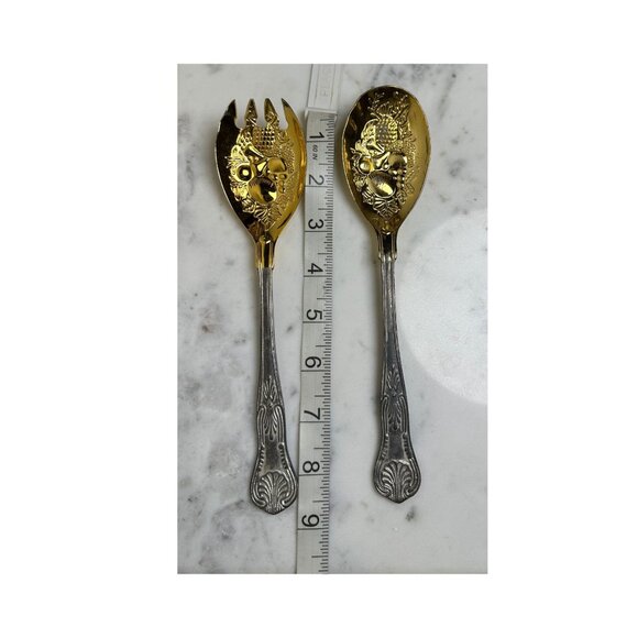 Decorative Vintage Gold & Silver Salad Serving Set Mid Century TableWare Dining - Picture 5 of 6
